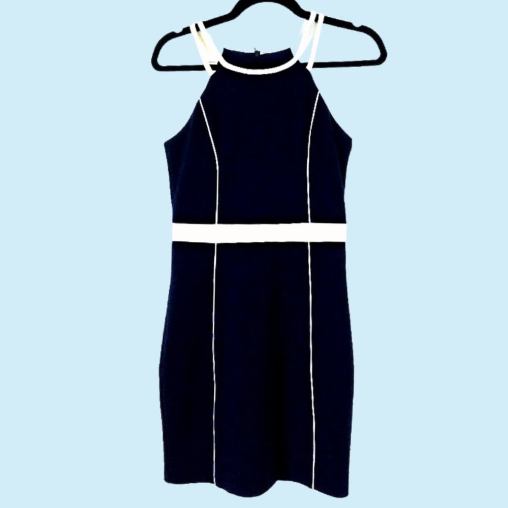 GUESS Halter Color Block Sheath Navy Dress with white piping Size 4